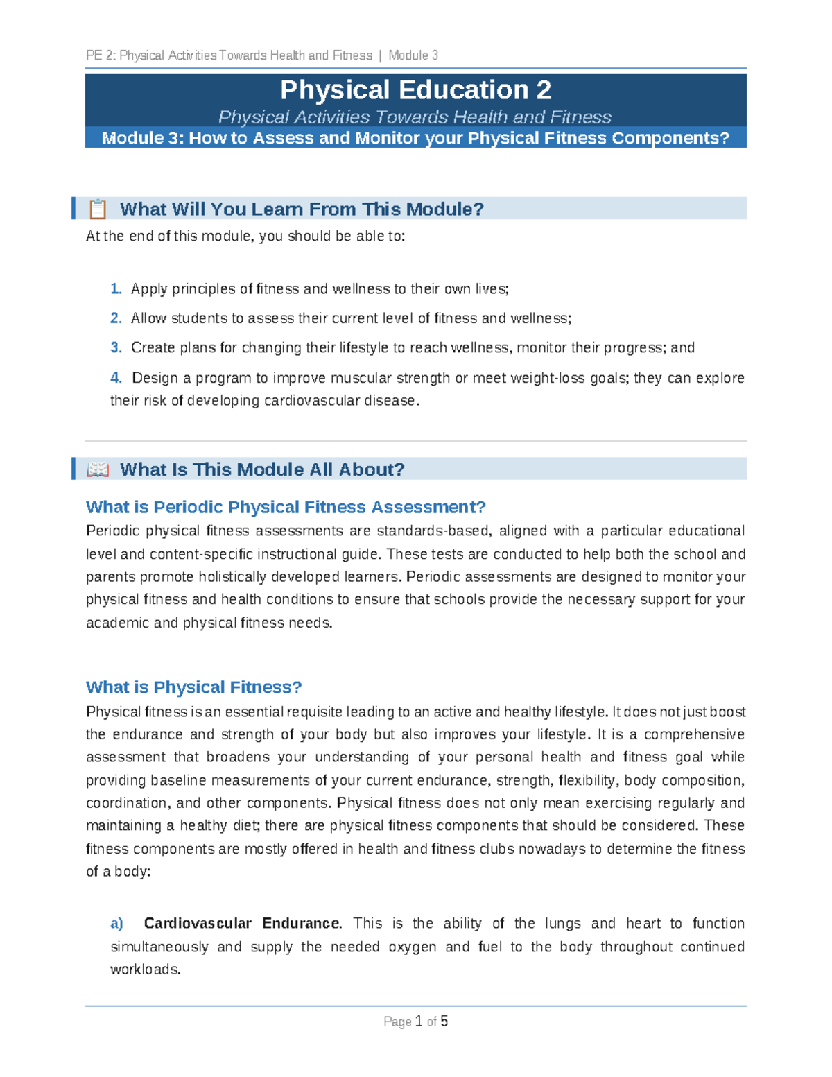 PE 2: Module 3 - Assessing Physical Fitness Components and Planning ...