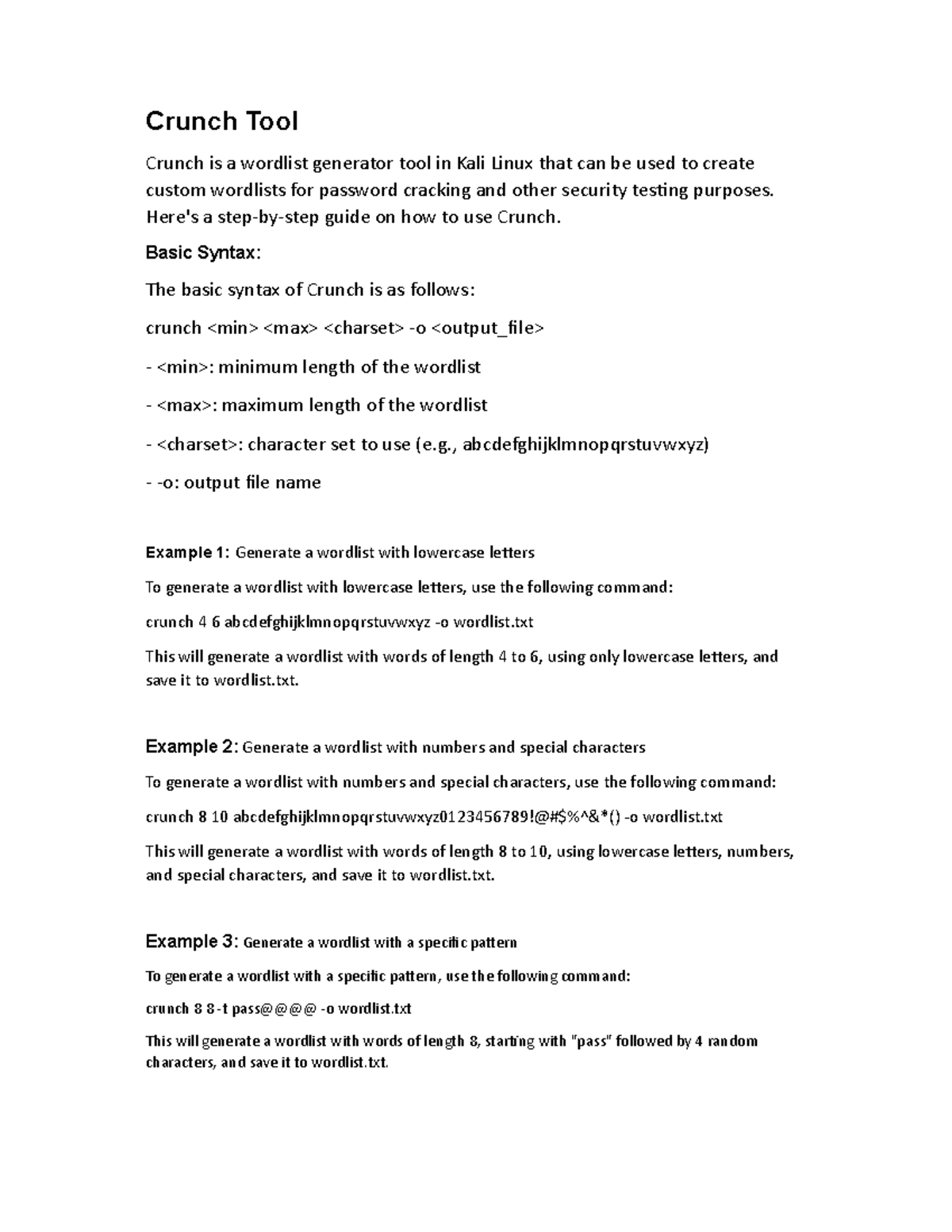 Crunch Tool Guide - Kali Linux Wordlist Generator - Studocu