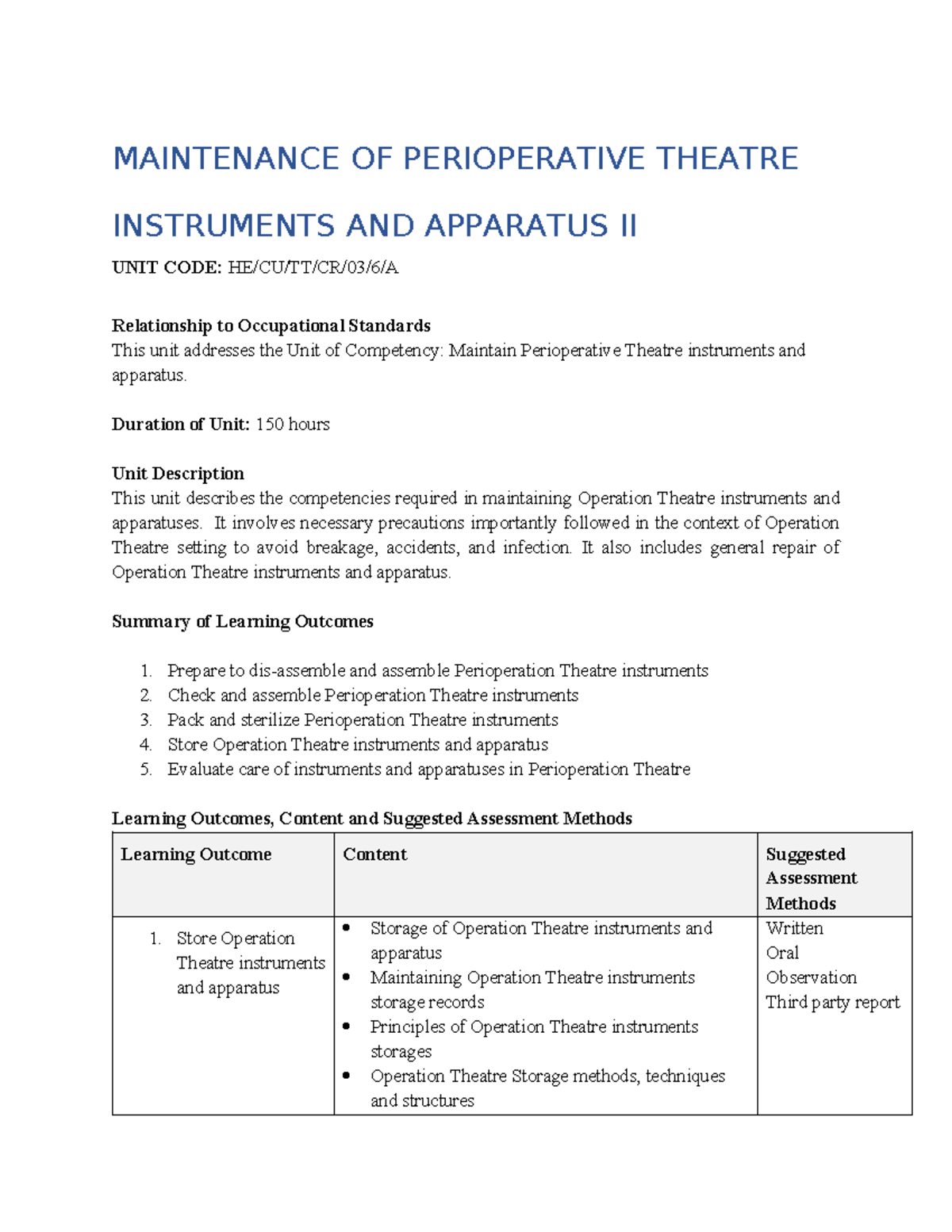 Theatre Instrument Maintenance II: Unit Code & Occupational Standards ...