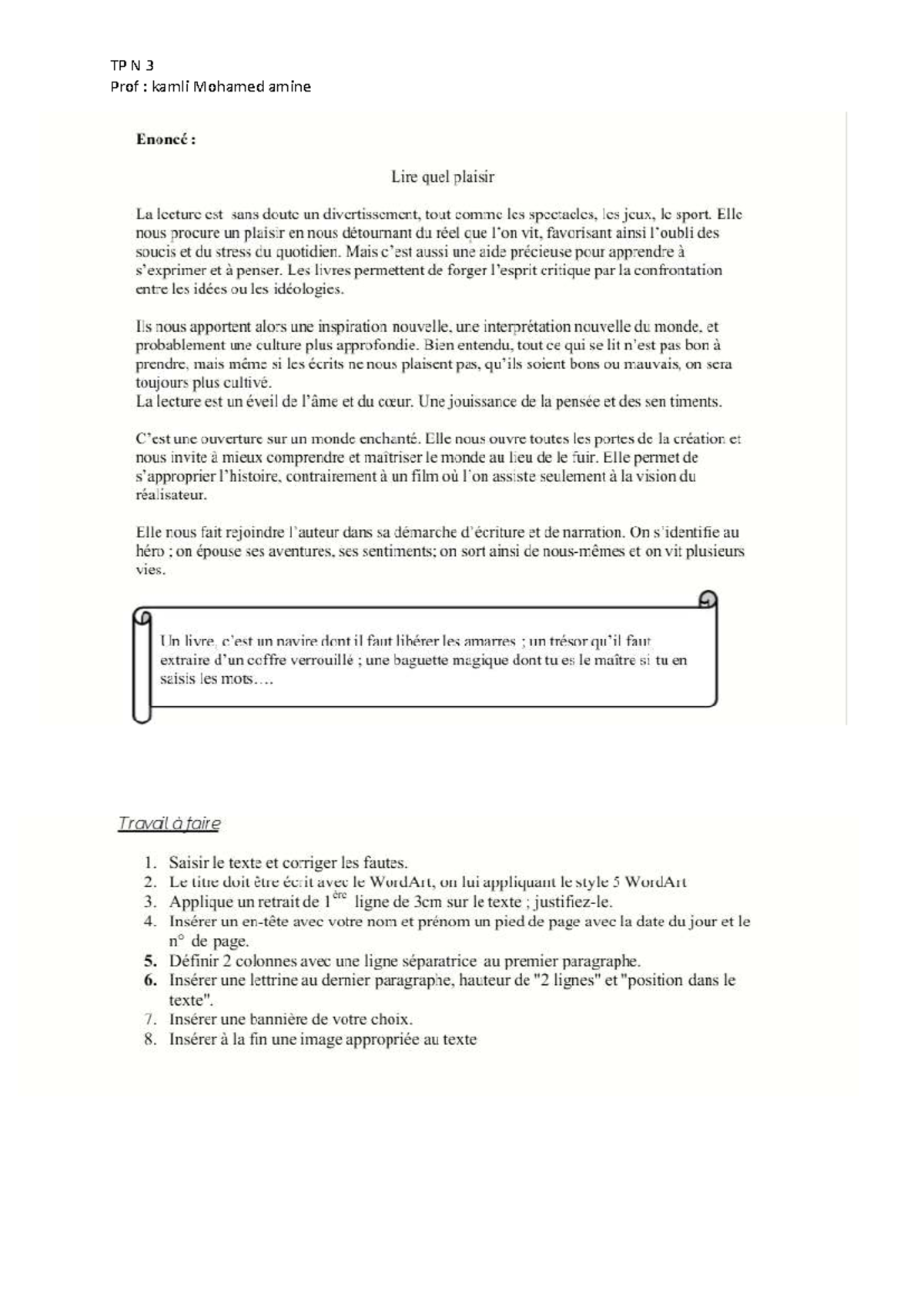 TP N3 : La Lecture comme Plaisir et Éveil de la Pensée - Studocu