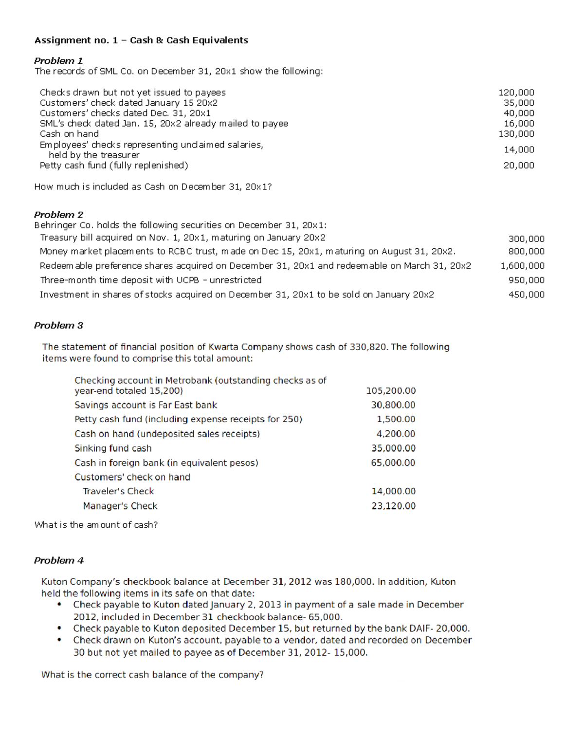 Assignment No. 1 - Cash & Cash Equivalents Analysis for Fin. Acct ...