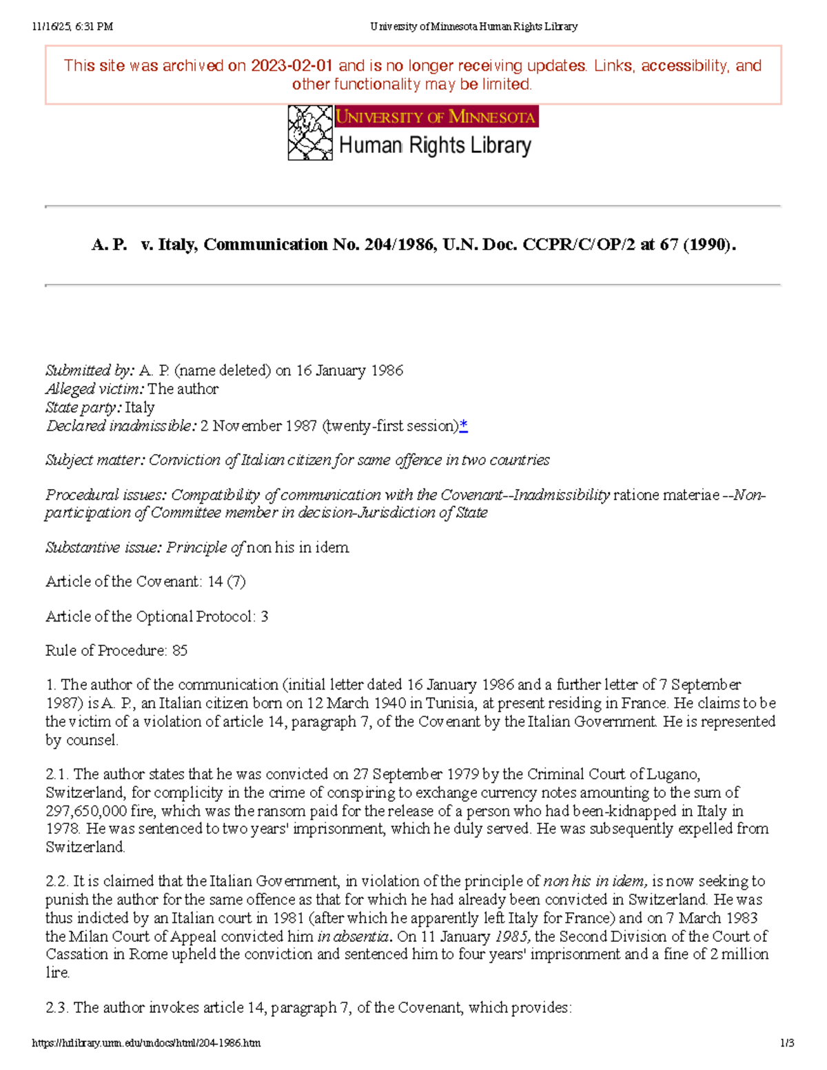 A. P. v. Italy: Communication No. 204 (1986) - Human Rights Case Study ...