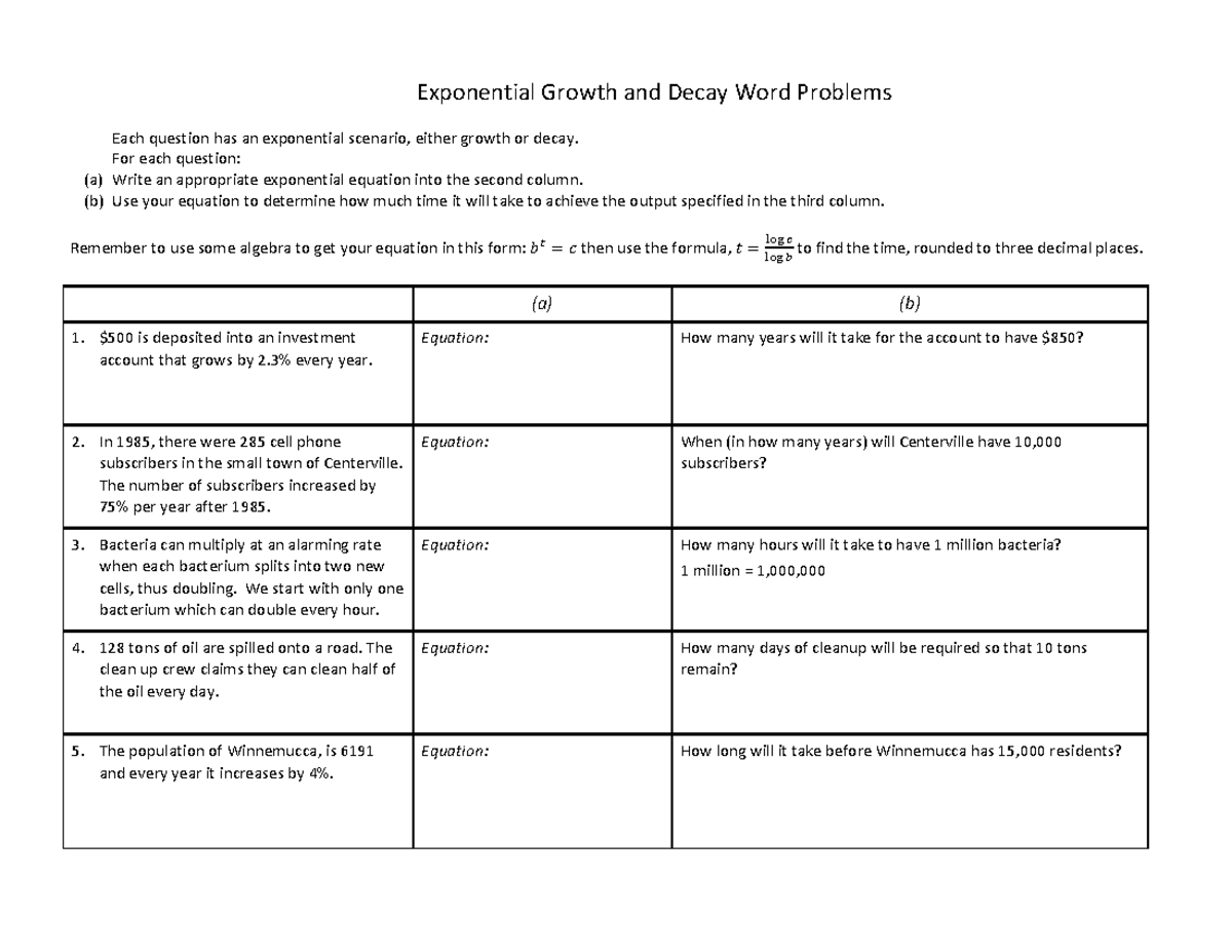 Exponential Growth And Decay Word Problems