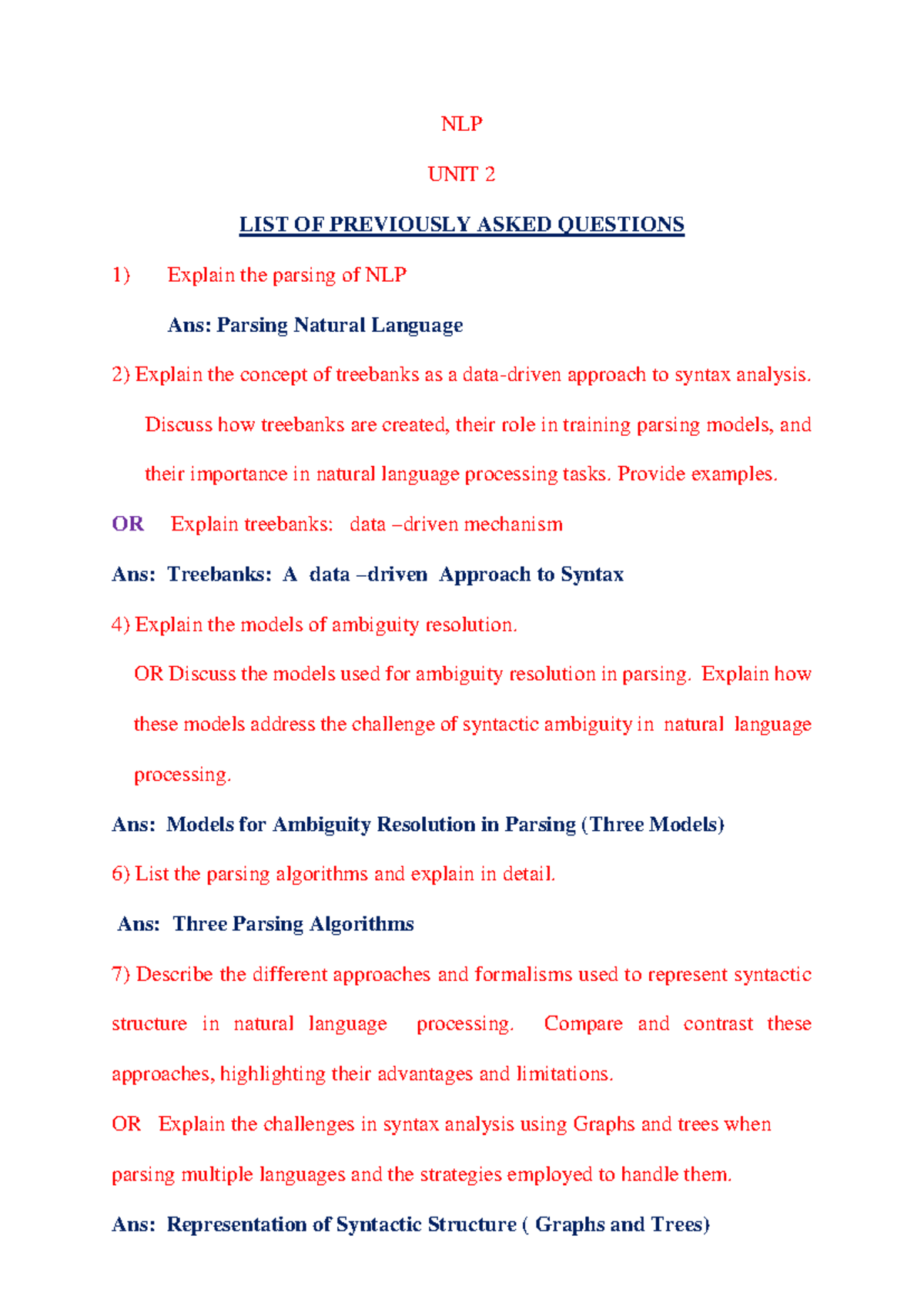 NLP UNIT 2 - KEY QUESTIONS ON PARSING AND SYNTAX ANALYSIS - Studocu