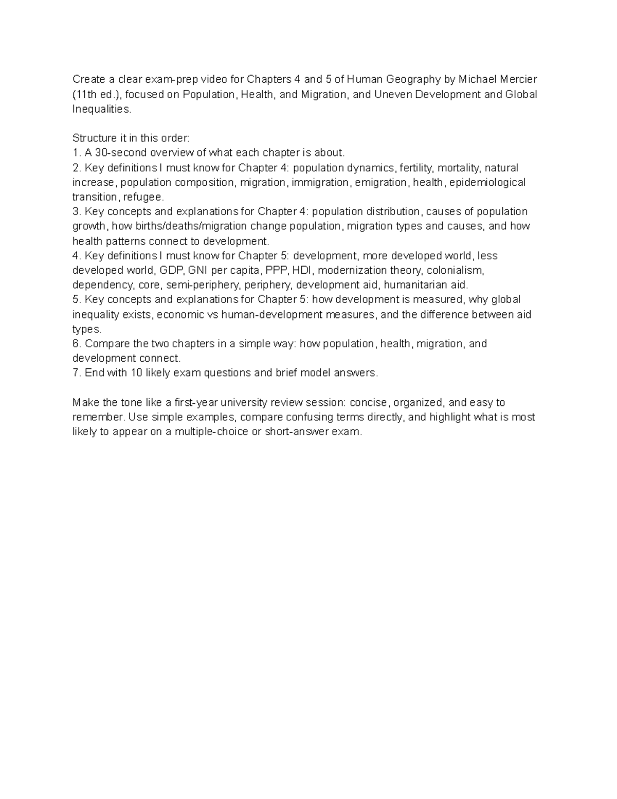 Human Geography Review: Chapters 4 & 5 - Population & Development ...