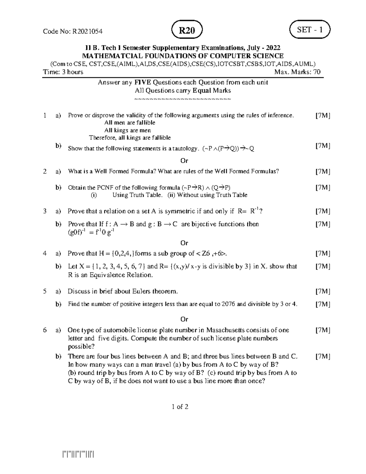 Mathematical Foundations of Computer Science - Supplementary Exam R20 ...