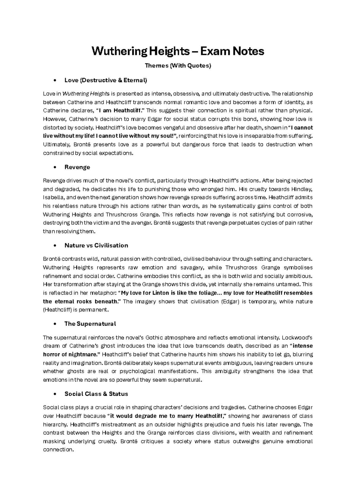 Wuthering Heights (ENG 101) - Exam Notes on Themes & Quotes - Studocu