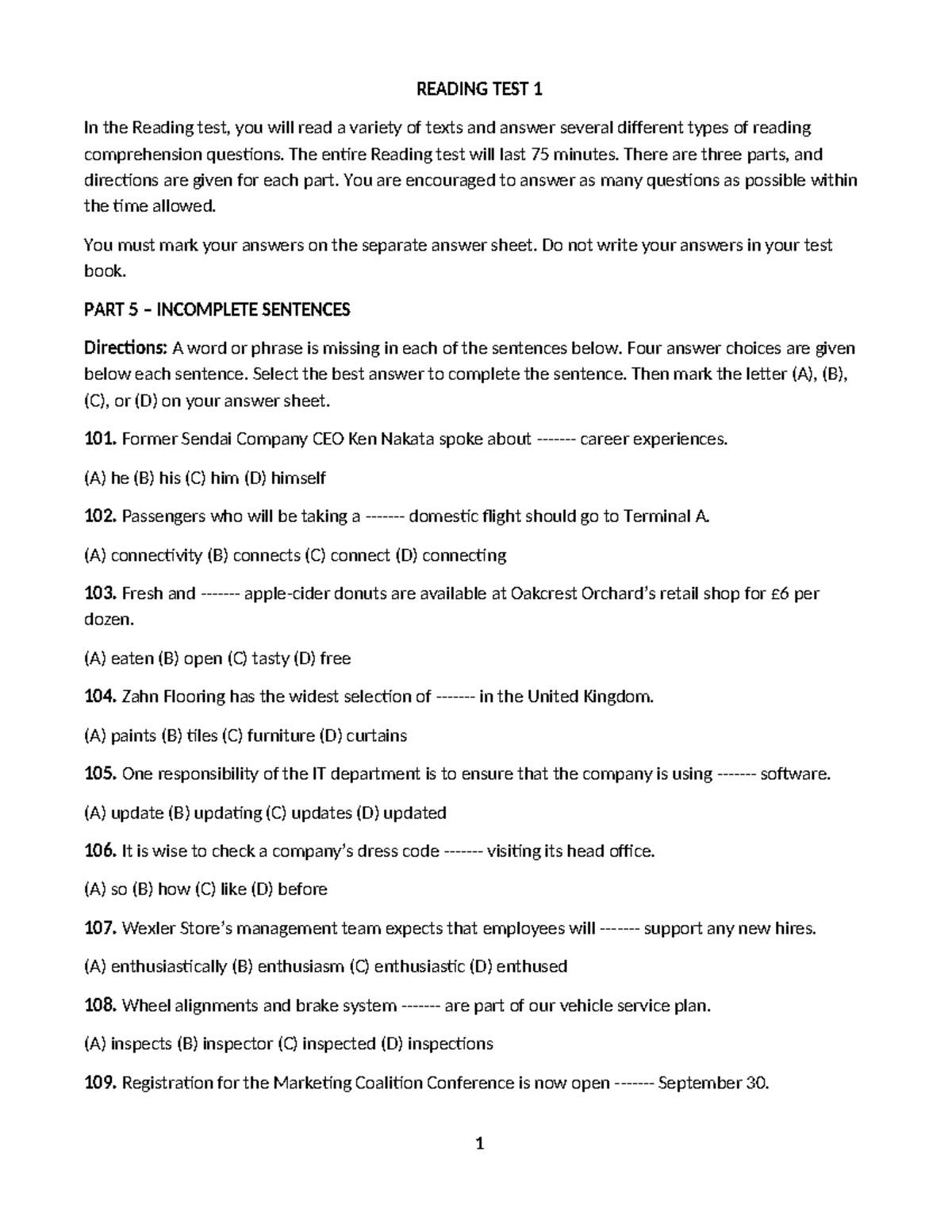 Reading Test 1 - Comprehensive Practice Guide - Studocu
