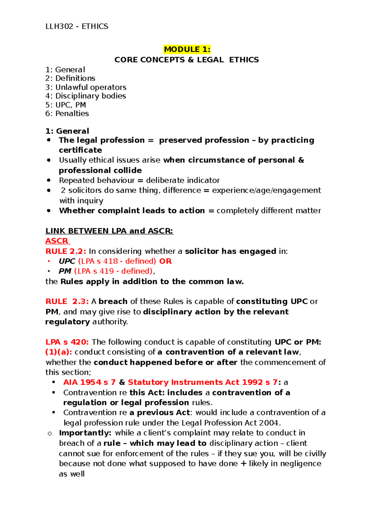 LLH302 ETHICS MODULE 1: Legal Ethics Core Concepts and Compliance Guide ...