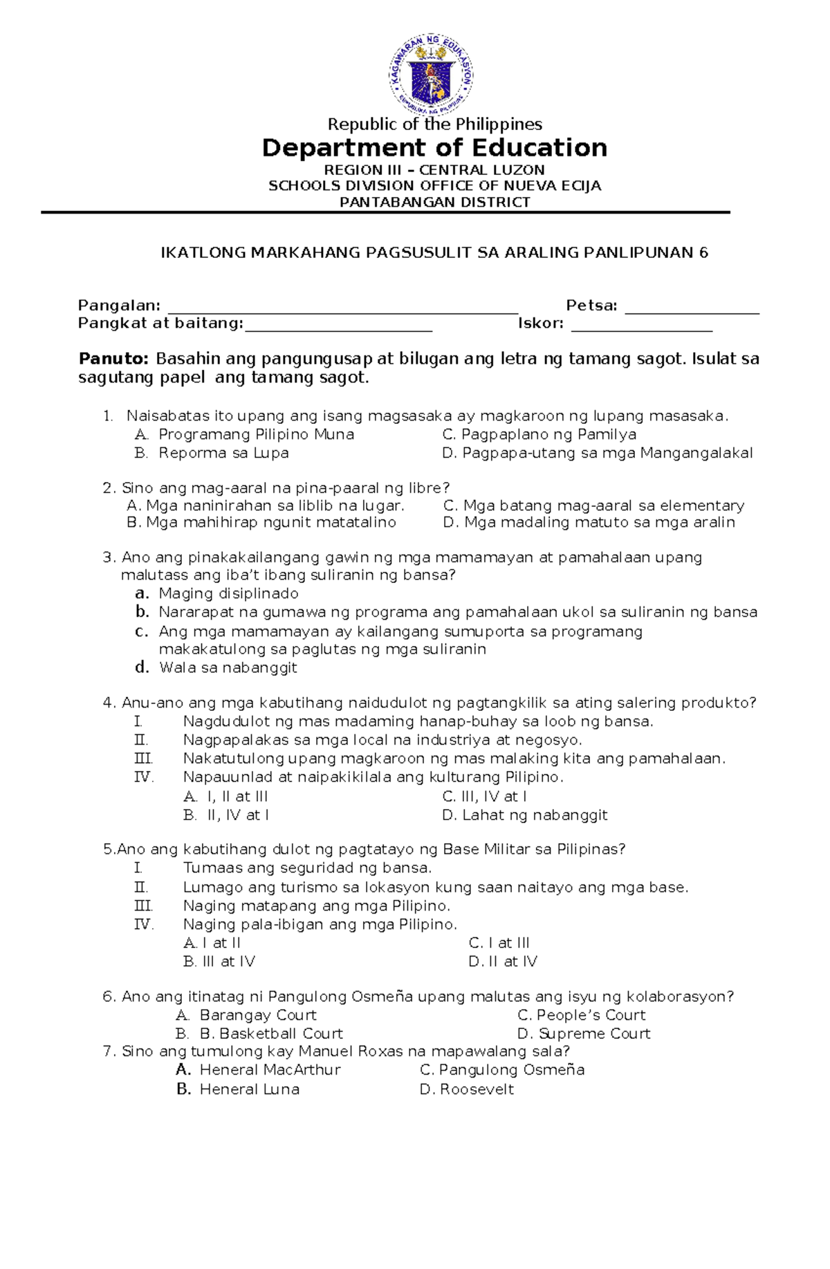 Pantabangan District Grade 6 AP Exam - Republic of the Philippines ...