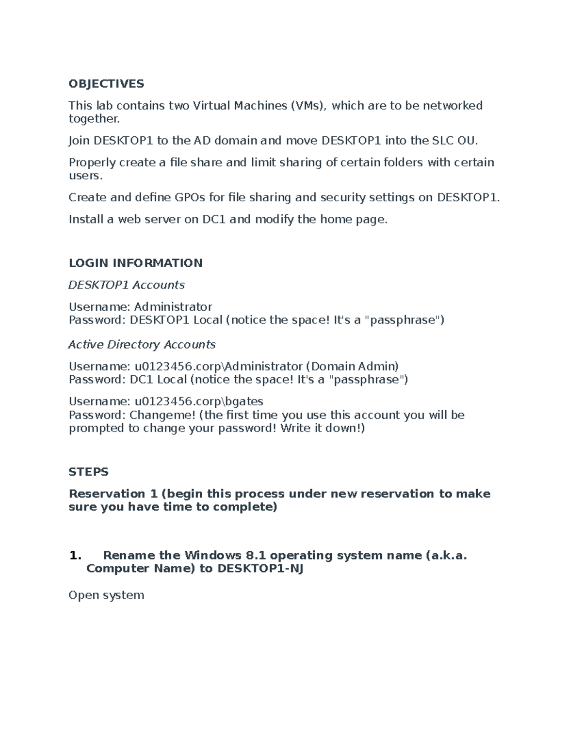 CS101 Lab3 Instructions: Networking VMs & GPO Setup for DESKTOP1