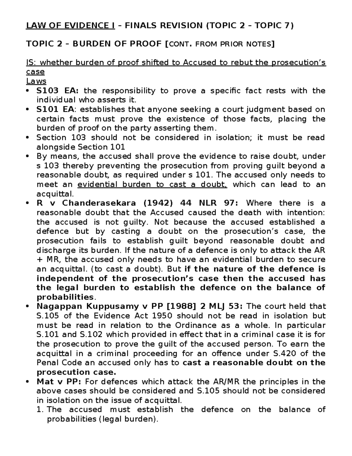 LAW OF EVIDENCE I FINALS REVISION: BURDEN OF PROOF & EVIDENTIAL BURDEN ...
