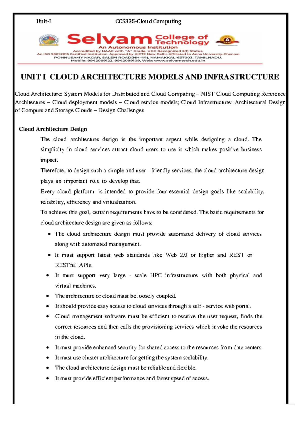 Unit 1 Notes: Cloud Architecture Models & Infrastructure (COMP 101 ...