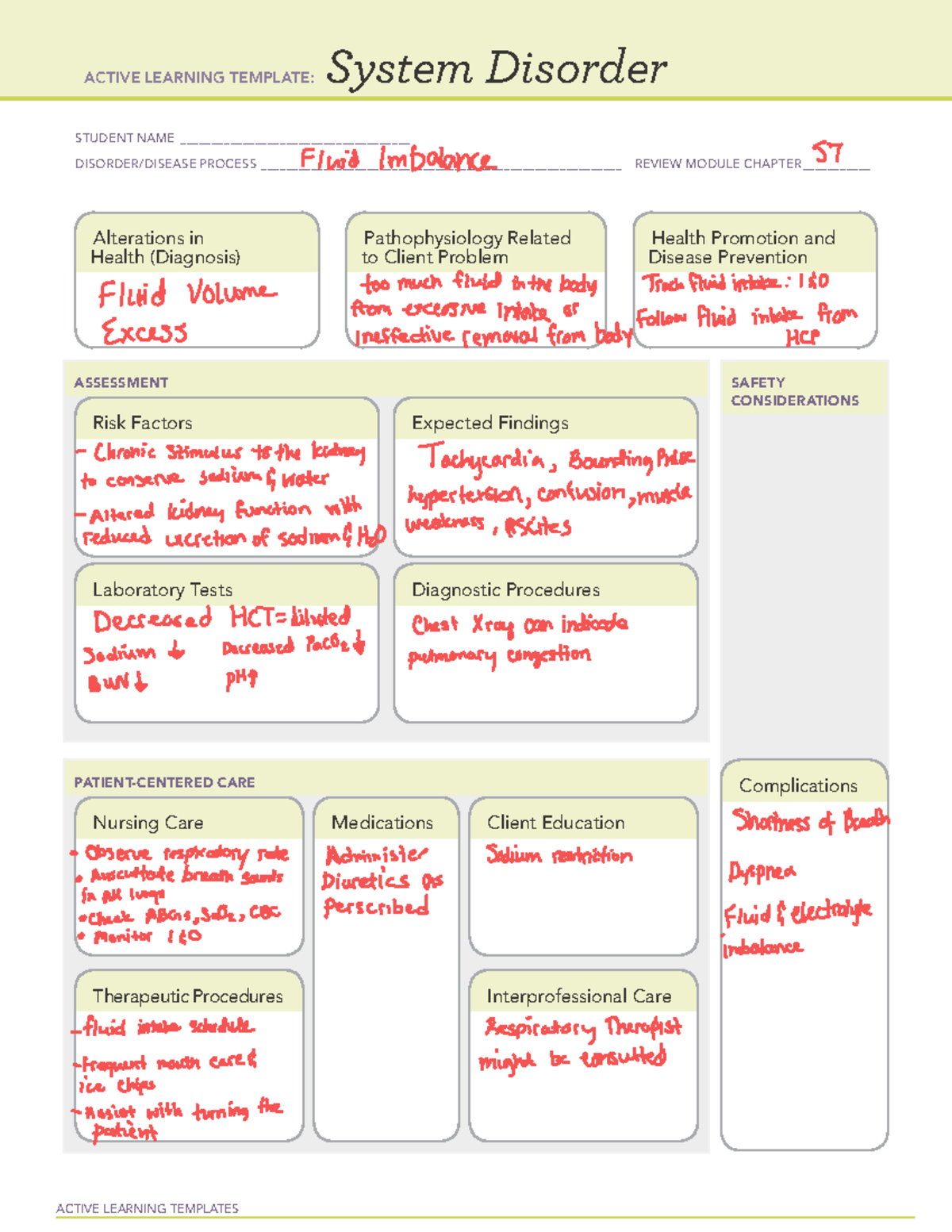 ATI System Disorder Template Fluid Volume Excess (FVE) Studocu