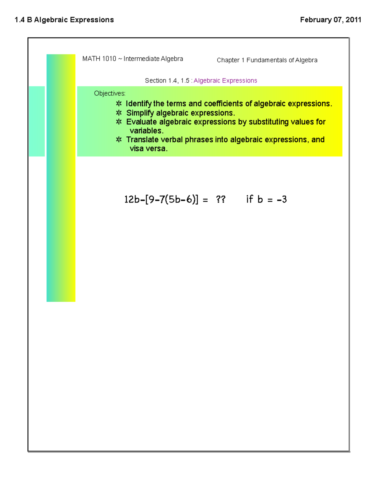 MATH 1010 - Intermediate Algebra Chapter 1 Post Notes on Expressions ...