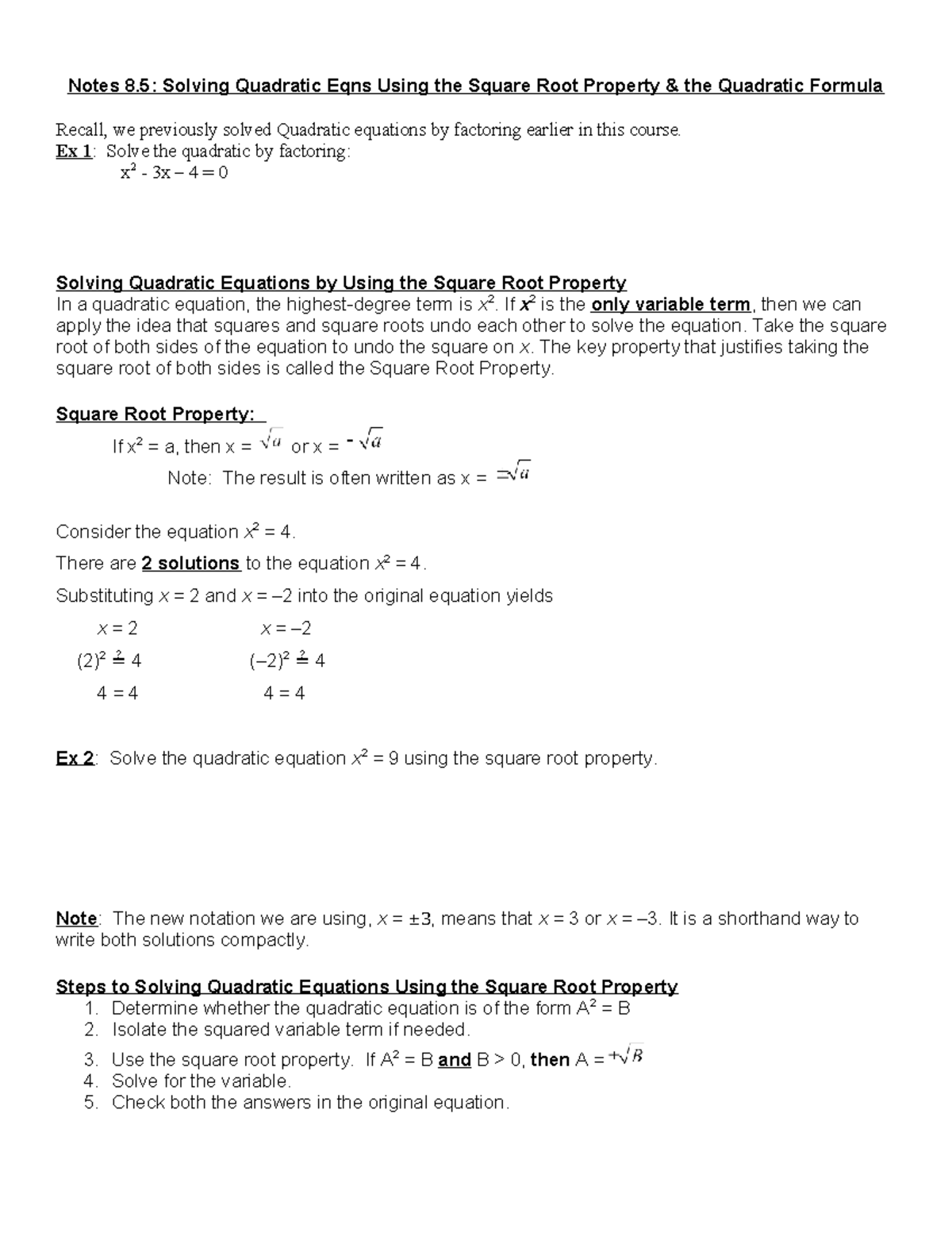 Notes on Solving Quadratic Equations Using Square Root Property & Quad ...