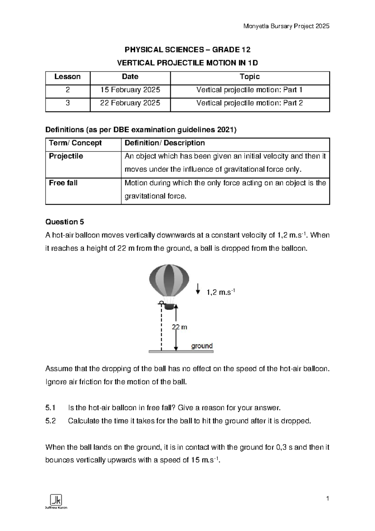 Monyetla Bursary Project 2025: Vertical projectile motion lesson notes ...