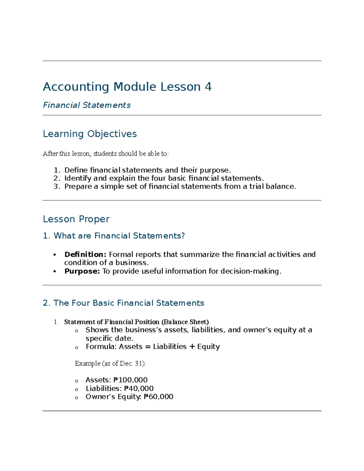 Accounting Module 4 Lesson: Understanding Financial Statements - Studocu