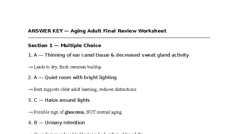 Aging Adult NUR 101 Final Exam Review Answer Key - Studocu