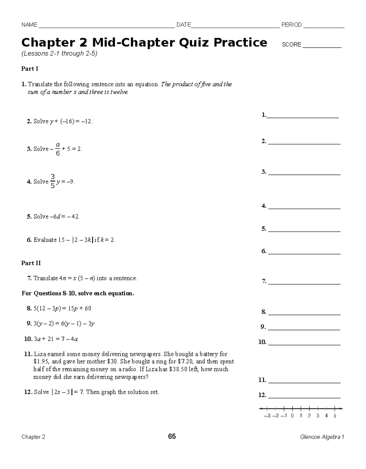 Chapter 2 Mid-Chapter Quiz Practice - Glencoe Algebra 1 - Studocu