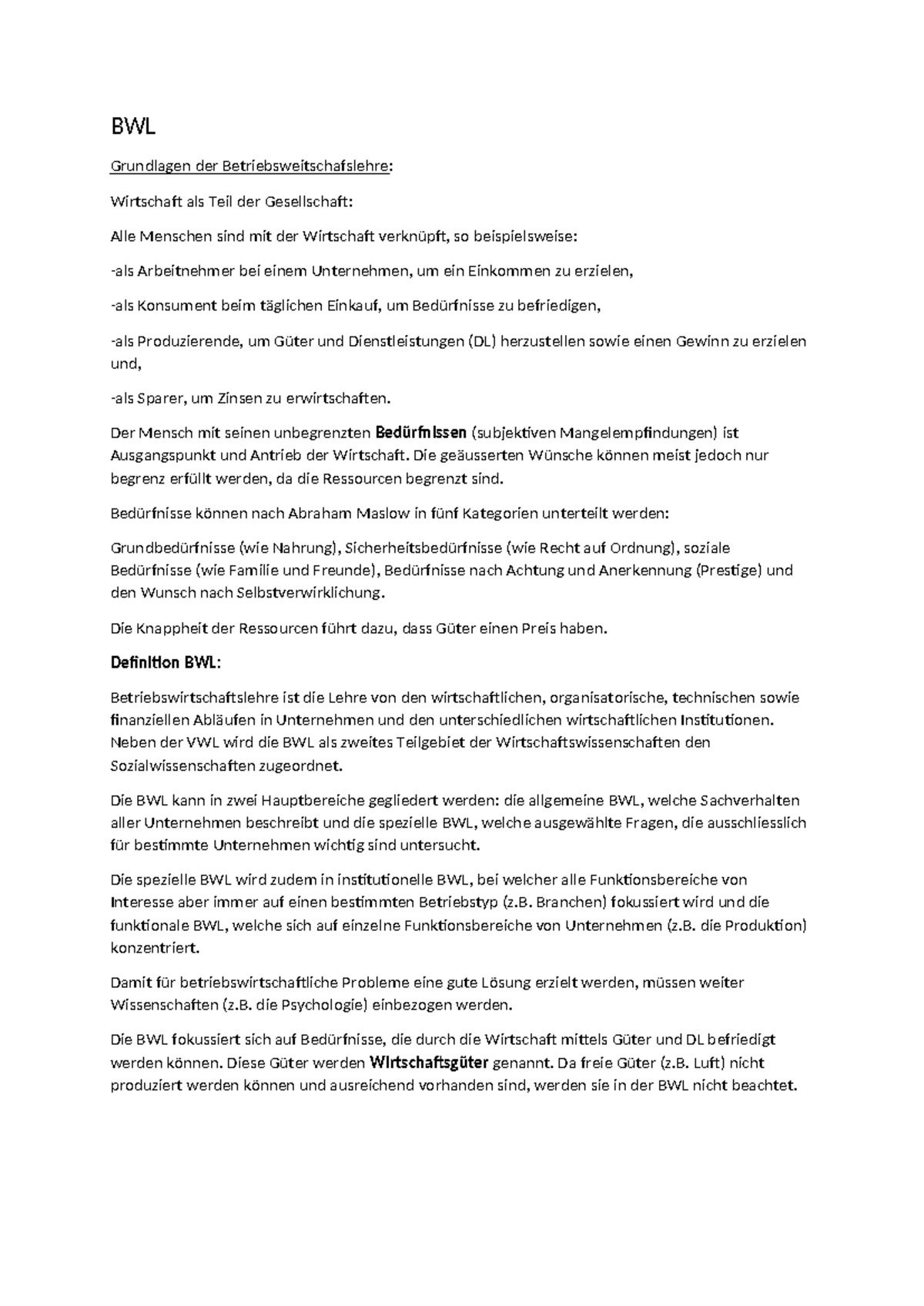 BWL - Zusammenfassung für Matura: Grundbegriffe und Modelle der BWL ...