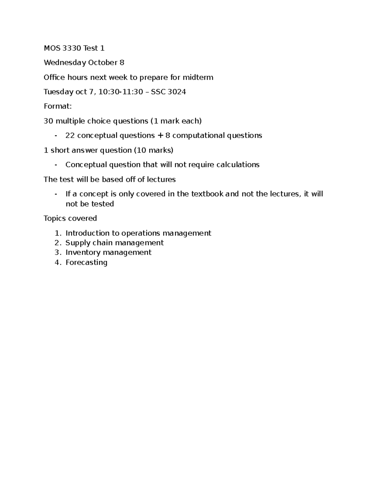MOS 3330 Test 1 Study Guide: Operations Management Concepts - Studocu