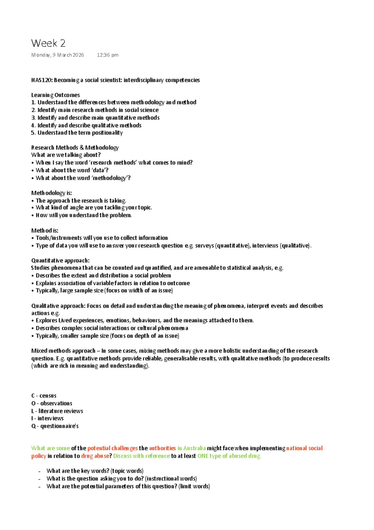 HAS120: Week 2 Lecture Notes on Research Methods and Methodology - Studocu
