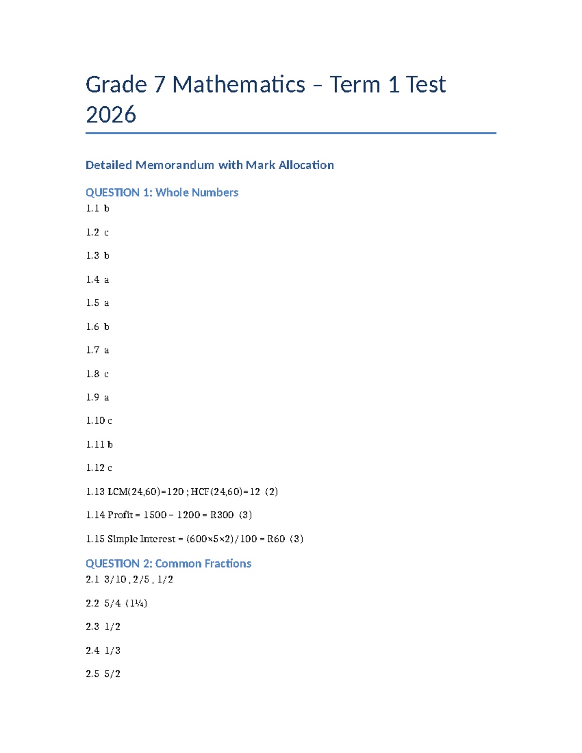 Grade 7 Maths Term 1 Test 2026 Detailed Memo & Marking Guide - Studocu