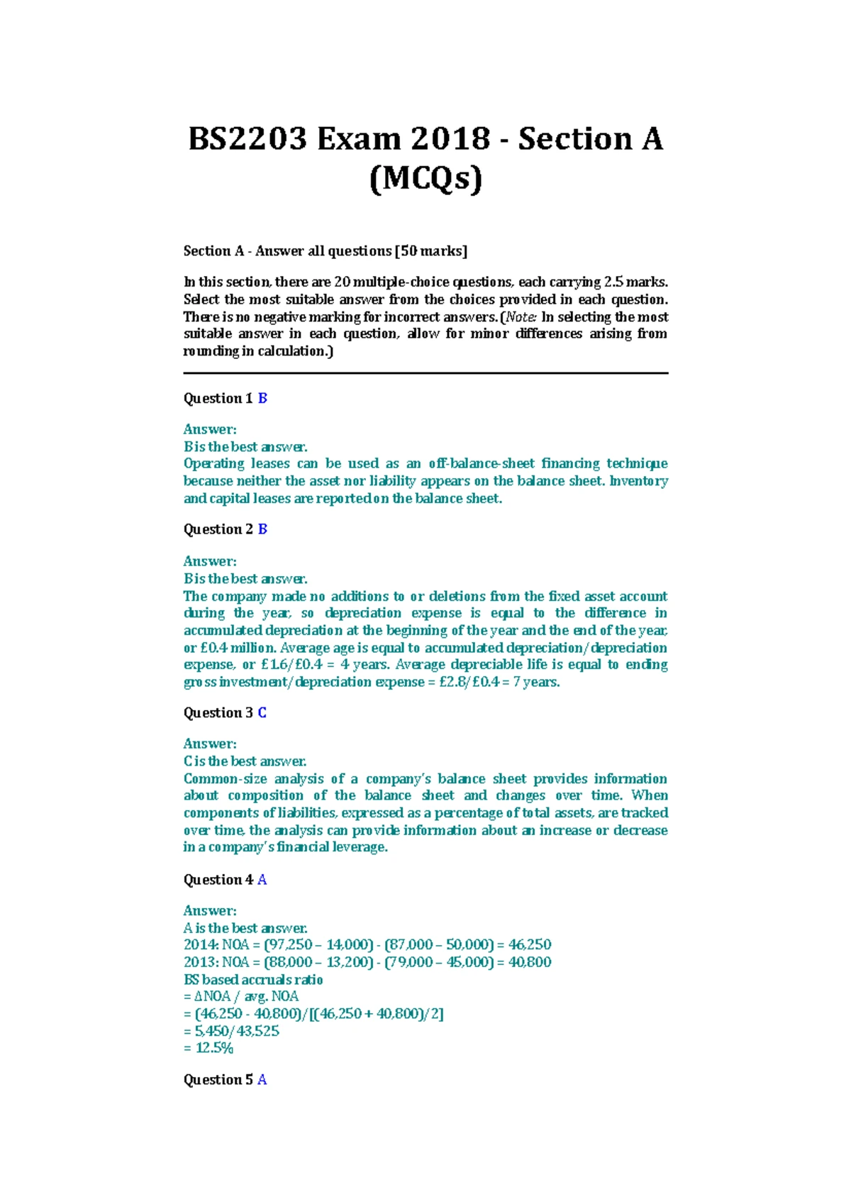 BS2203 Financial Analysis 2017 Final Exam Paper - Comprehensive Questions -  Studocu