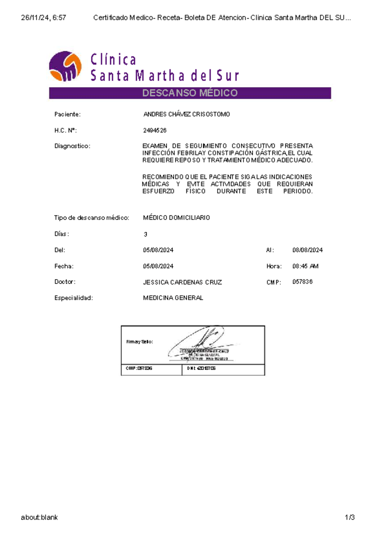 Certificado Médico y Receta - Clínica Santa Martha del Sur 1 - Document Preview