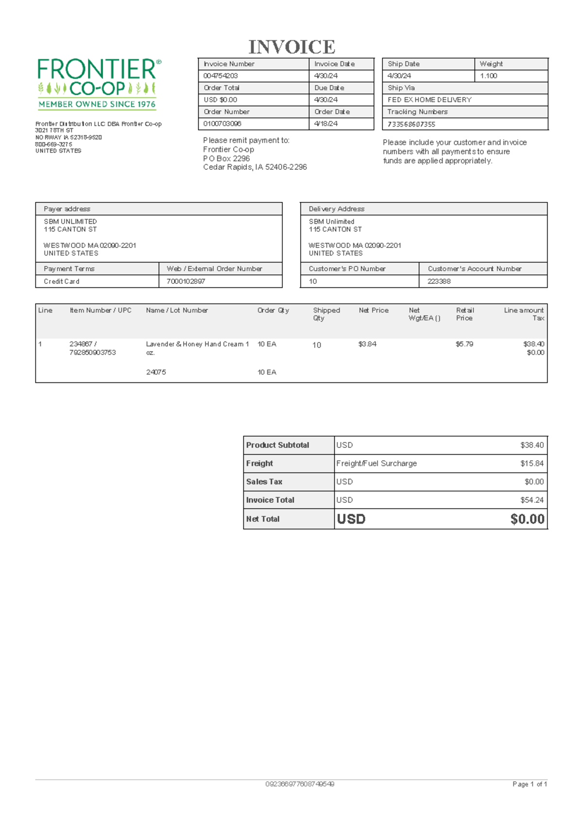 Invoice #004754203 for Frontier Distribution LLC - Order