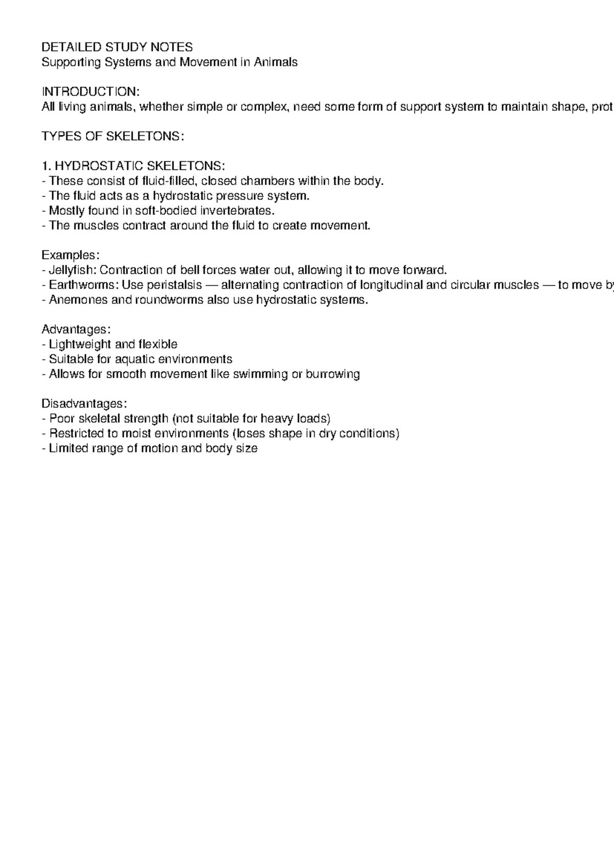 Detailed Study Notes: Supporting Systems & Movement in Animals - Studocu