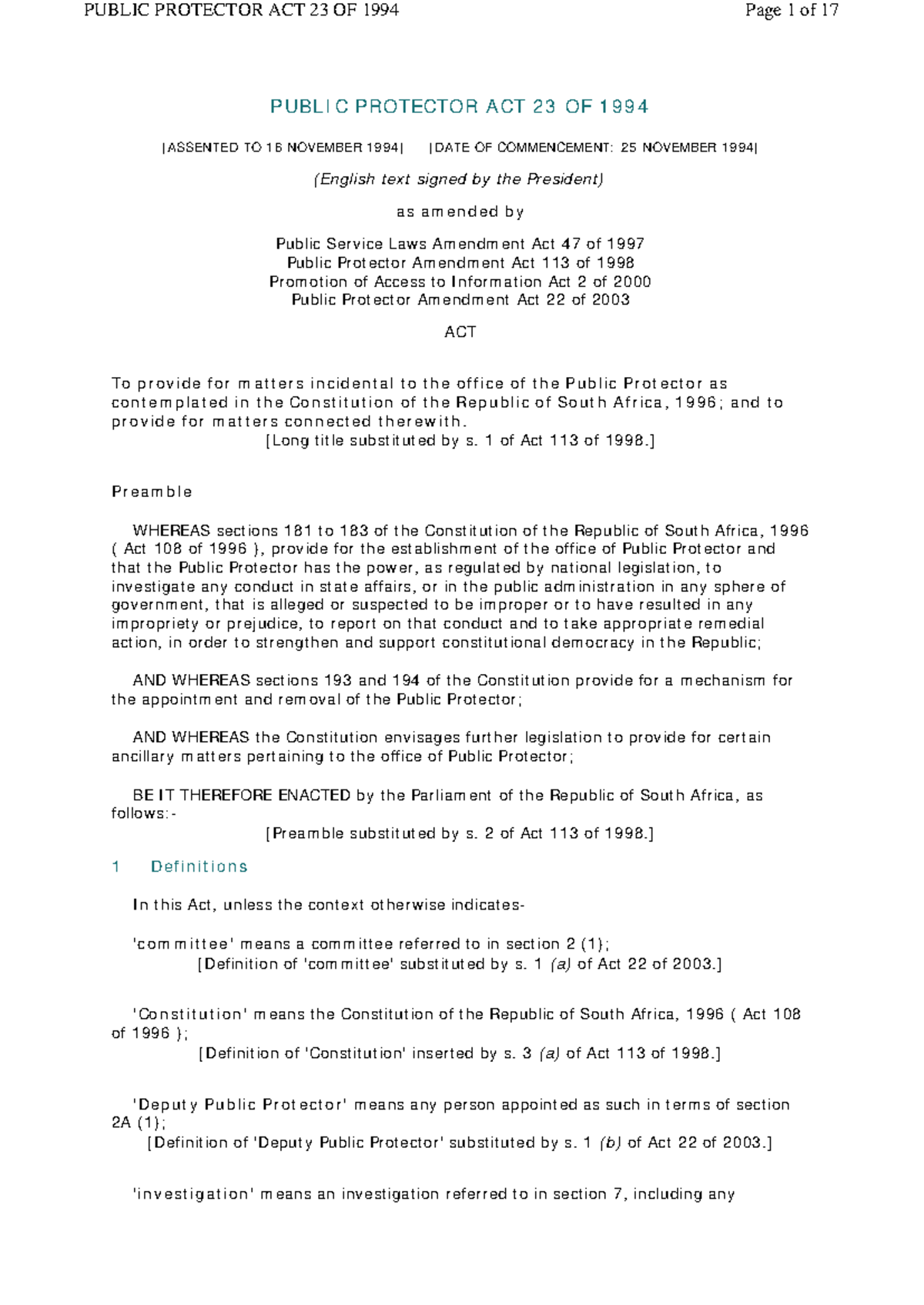 Public Protector Act ZAR - PUBLIC PROTECTOR ACT 23 OF 1994 [ASSENTED TO ...