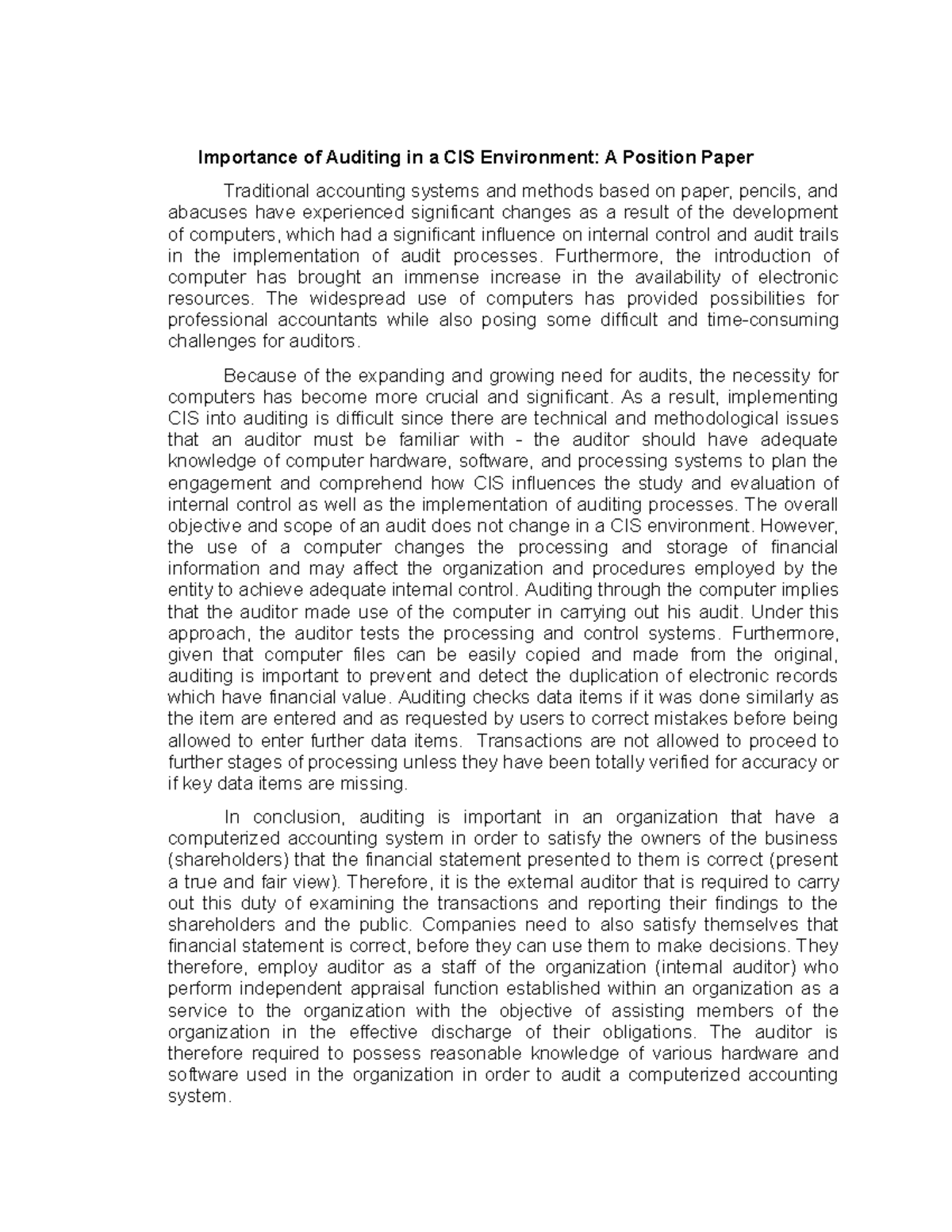 Position Paper on Auditing in CIS Environment: Key insights and Impact ...
