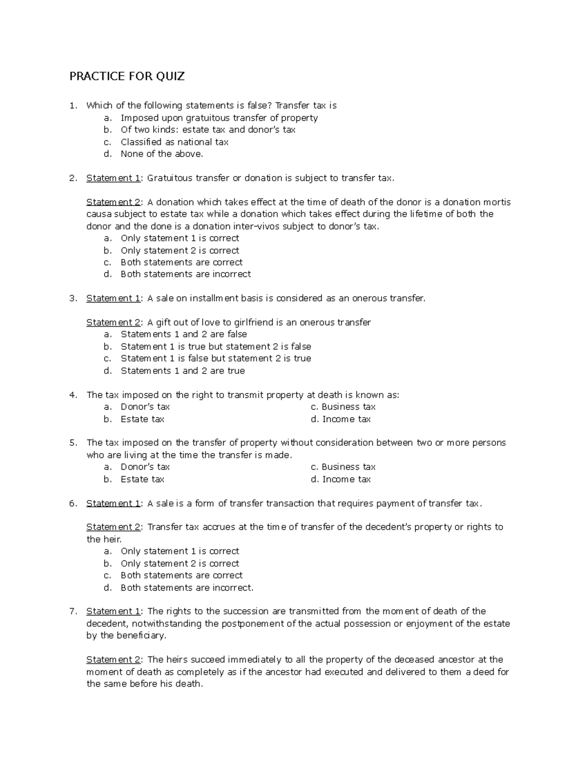 Succession QUIZ 1 - Practice Questions and Answers - Studocu