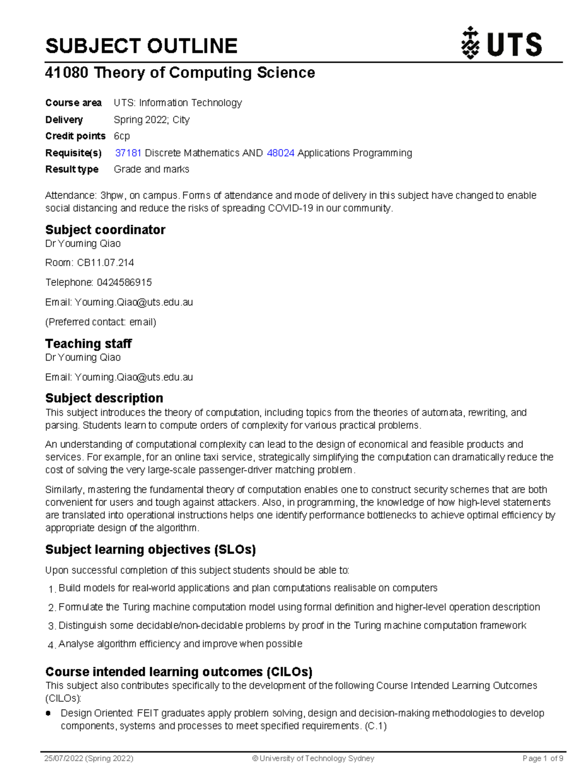 41080 Theory of Computing Science - Subject Outline and Key Details ...