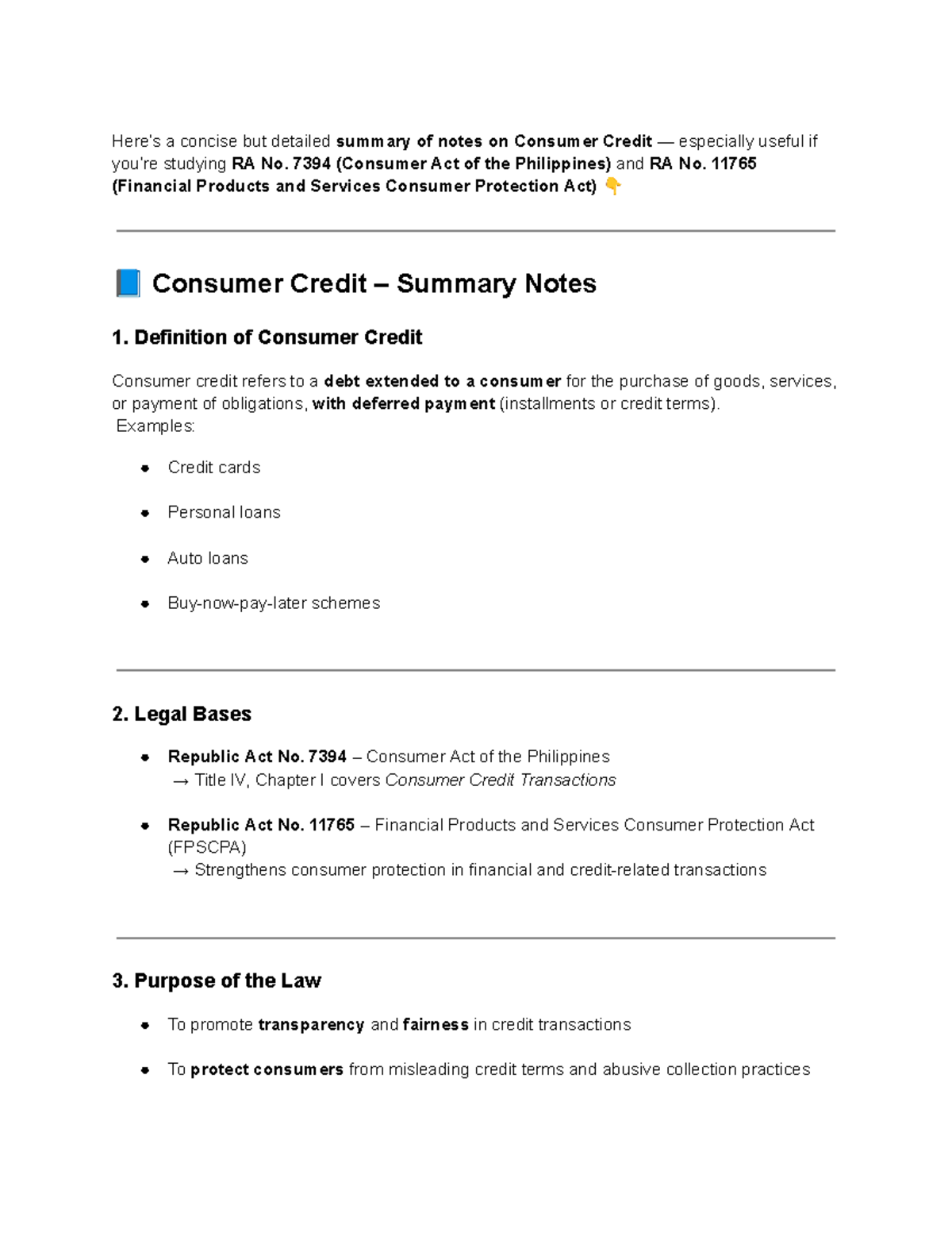 Consumer Credit Summary Notes: RA No. 7394 & RA No. 11765 - Studocu