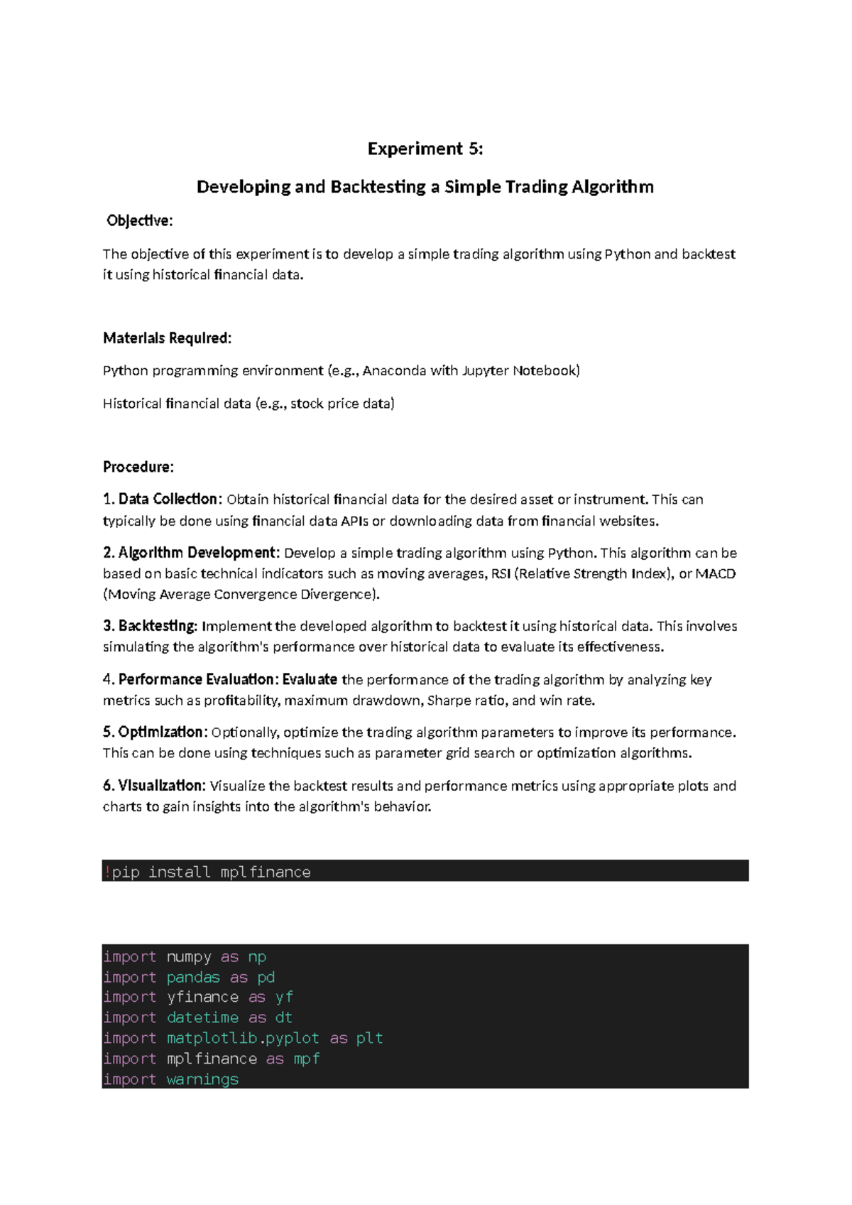 Aifba Exp 5 - Developing & Backtesting a Simple Trading Algorithm - Studocu
