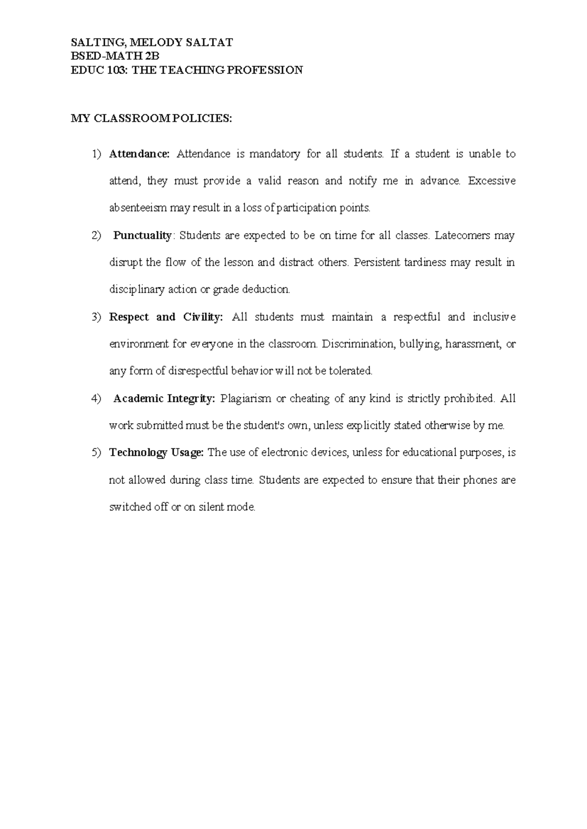 EDUC 103: Classroom Policies and Guidelines for Success - Studocu