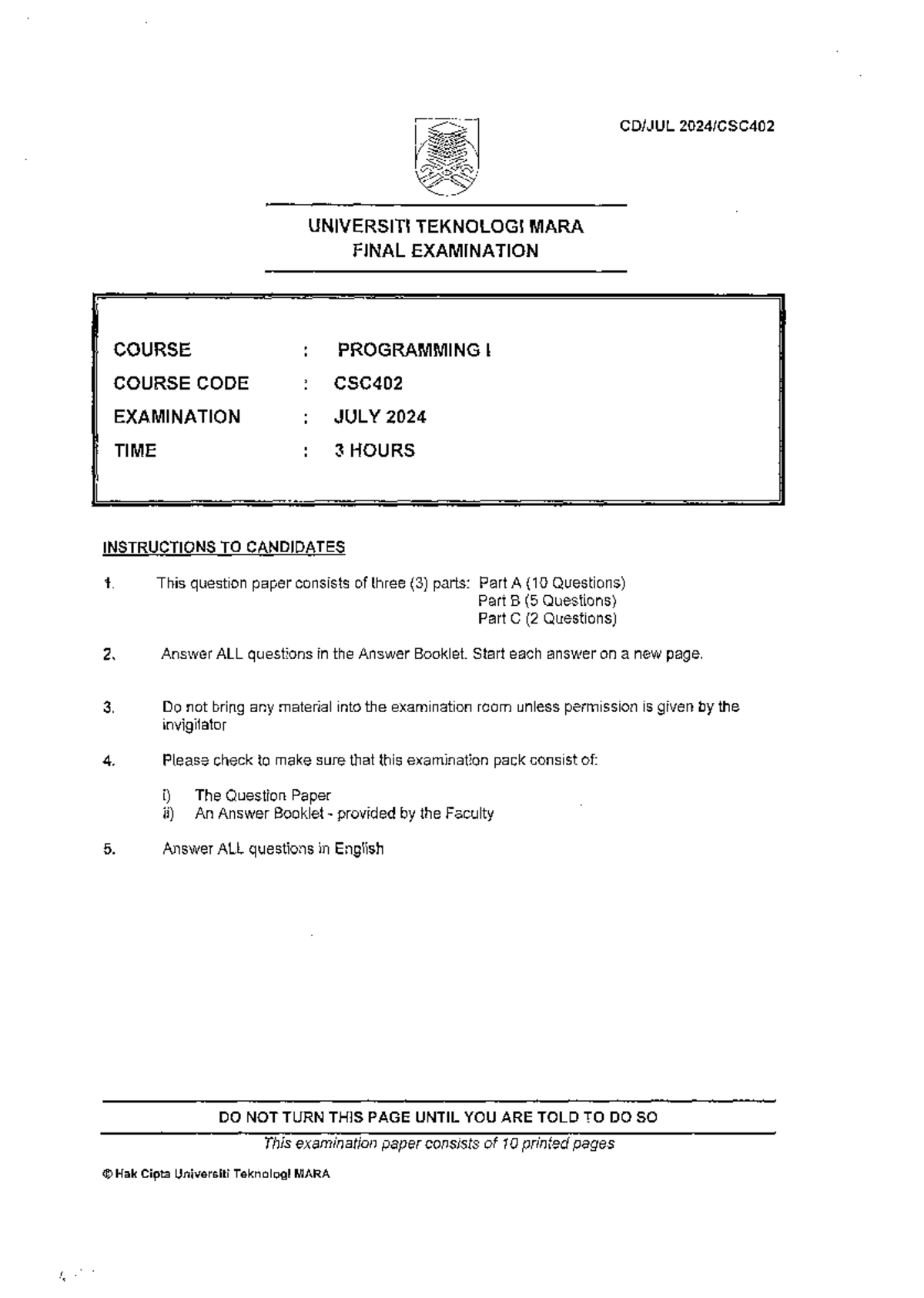 CSC402 - Final Examination July 2024 - Programming 1 - Studocu