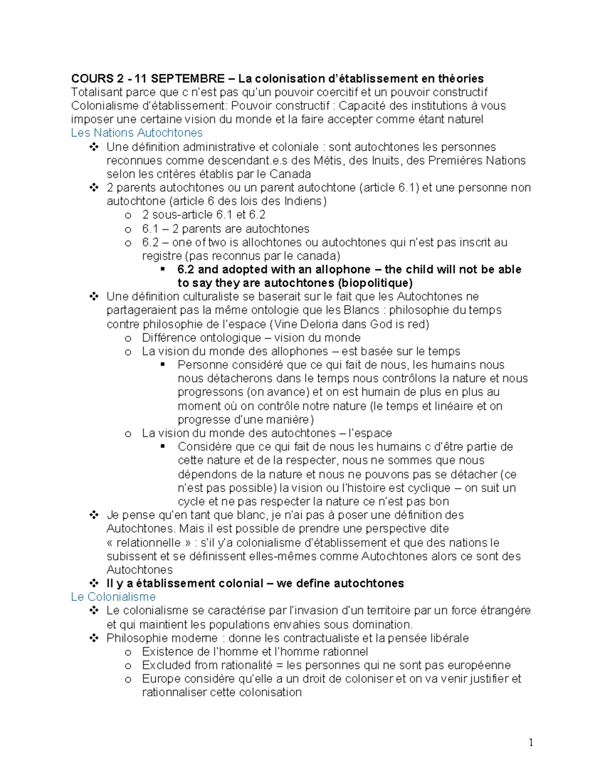 POL5930 - Notes sur la colonisation et les Autochtones au Canada - Studocu