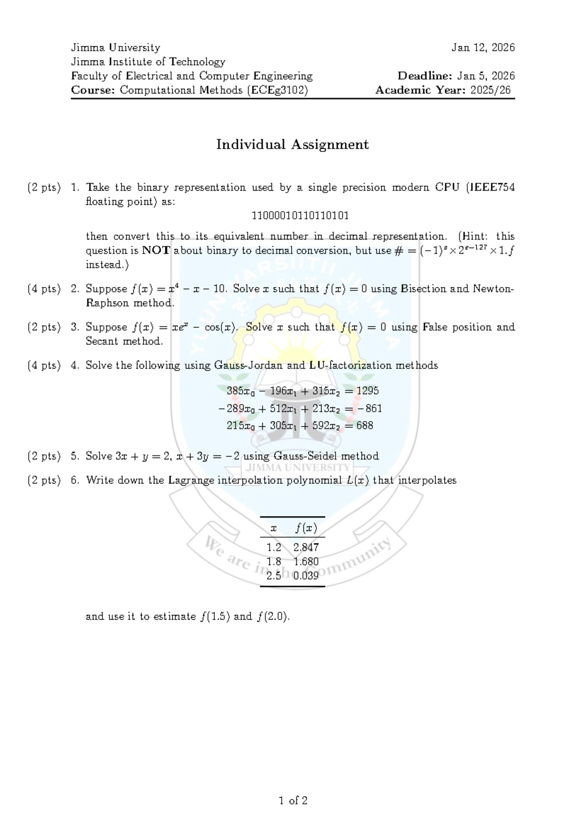 Computational Methods Assignment (ECEg3102) - Due Jan 5, 2026 - Studocu