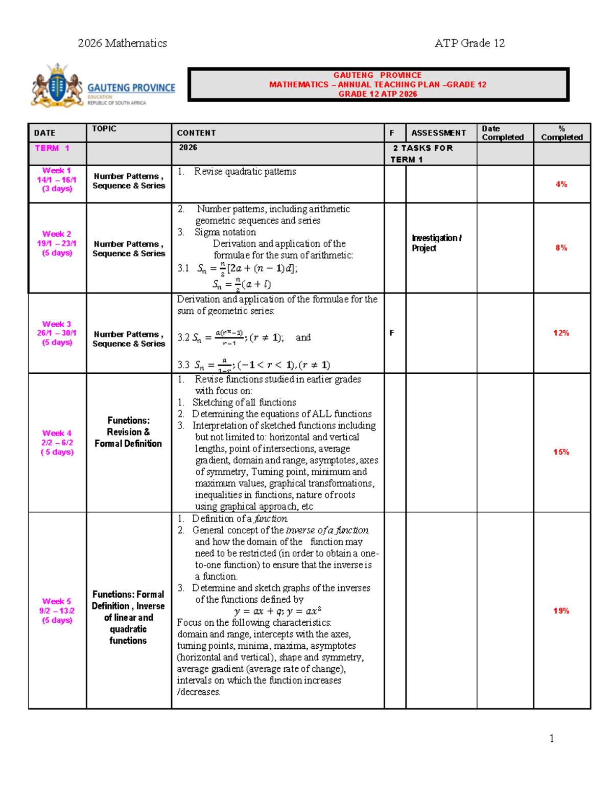 2026 Mathematics ATP Grade 12: Comprehensive Teaching Plan - Studocu