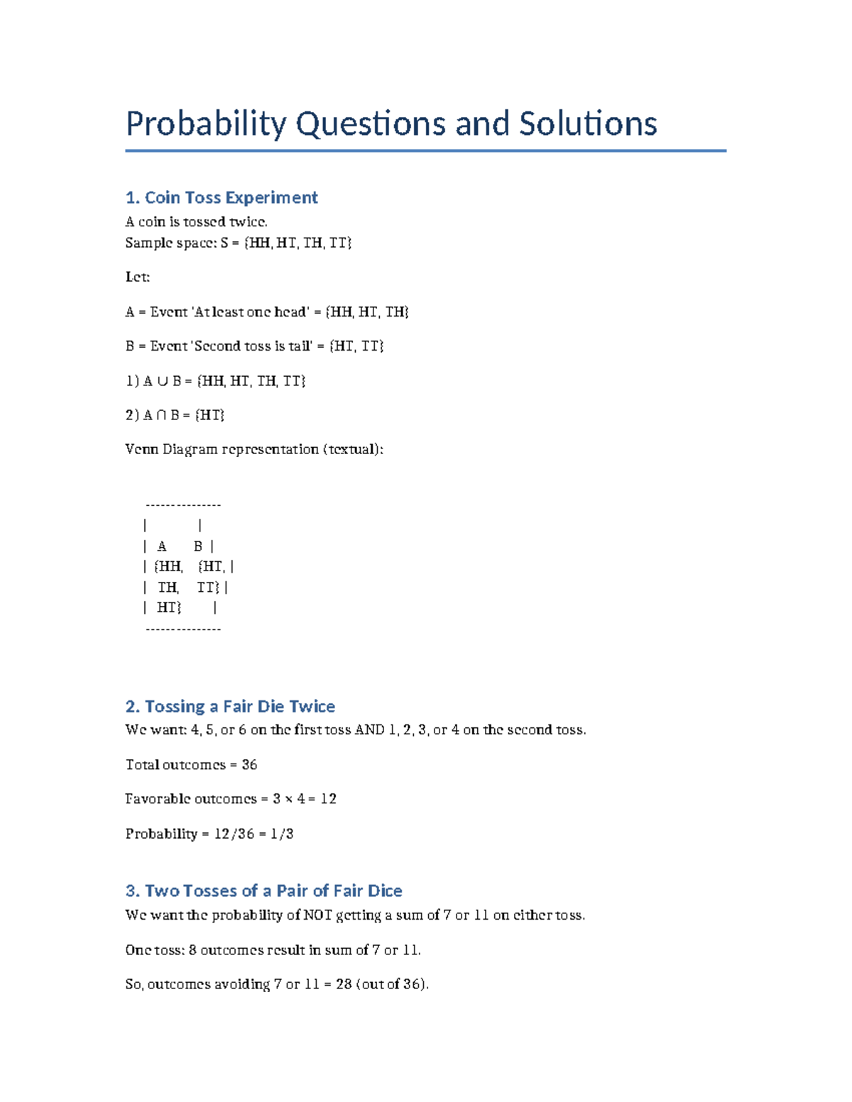 Probability Questions & Solutions: Coin Toss & Die Toss Experiments ...
