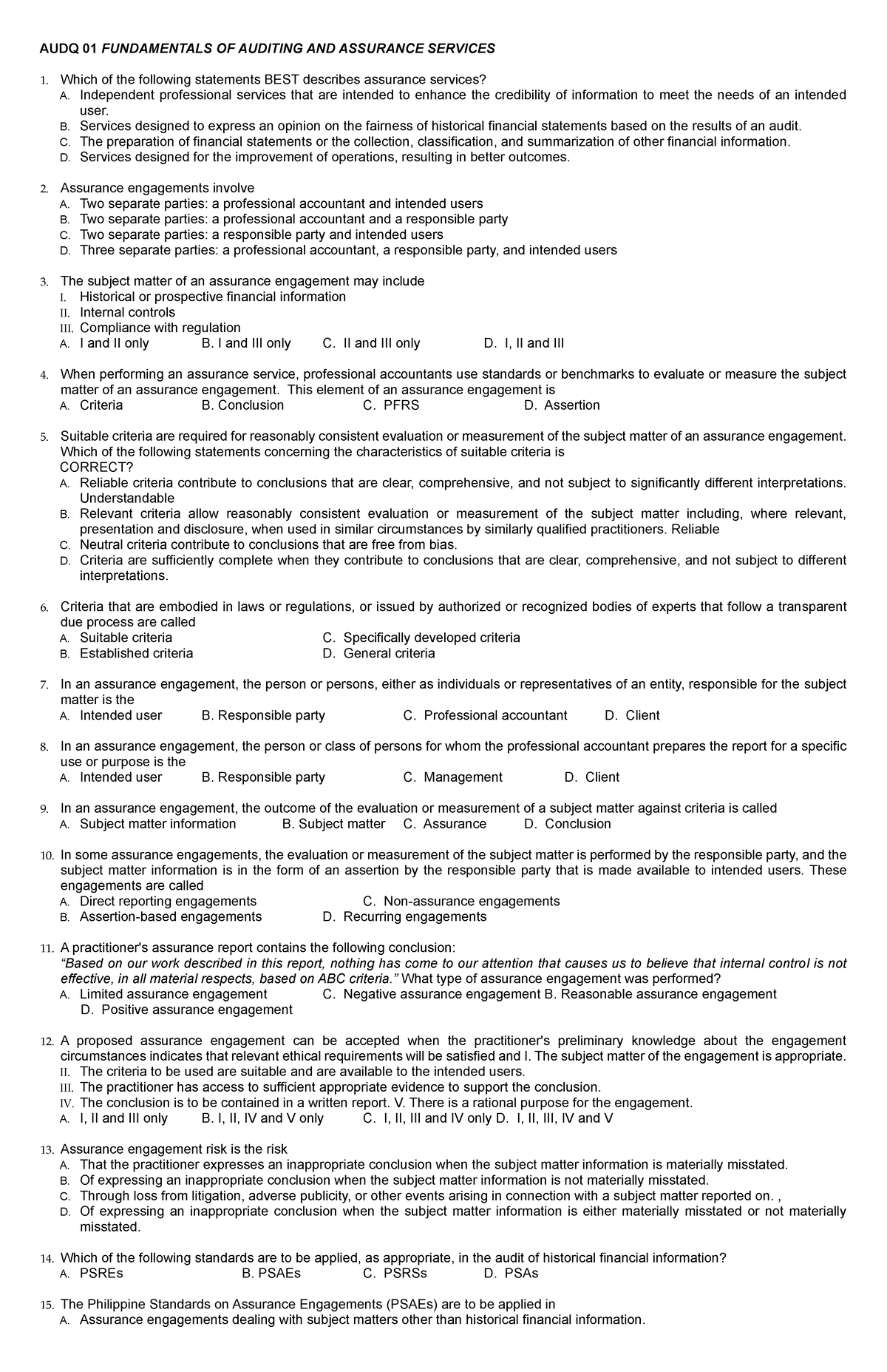 AUDQ 01 - 04 Final Exam: Understanding Assurance Services and Risks ...