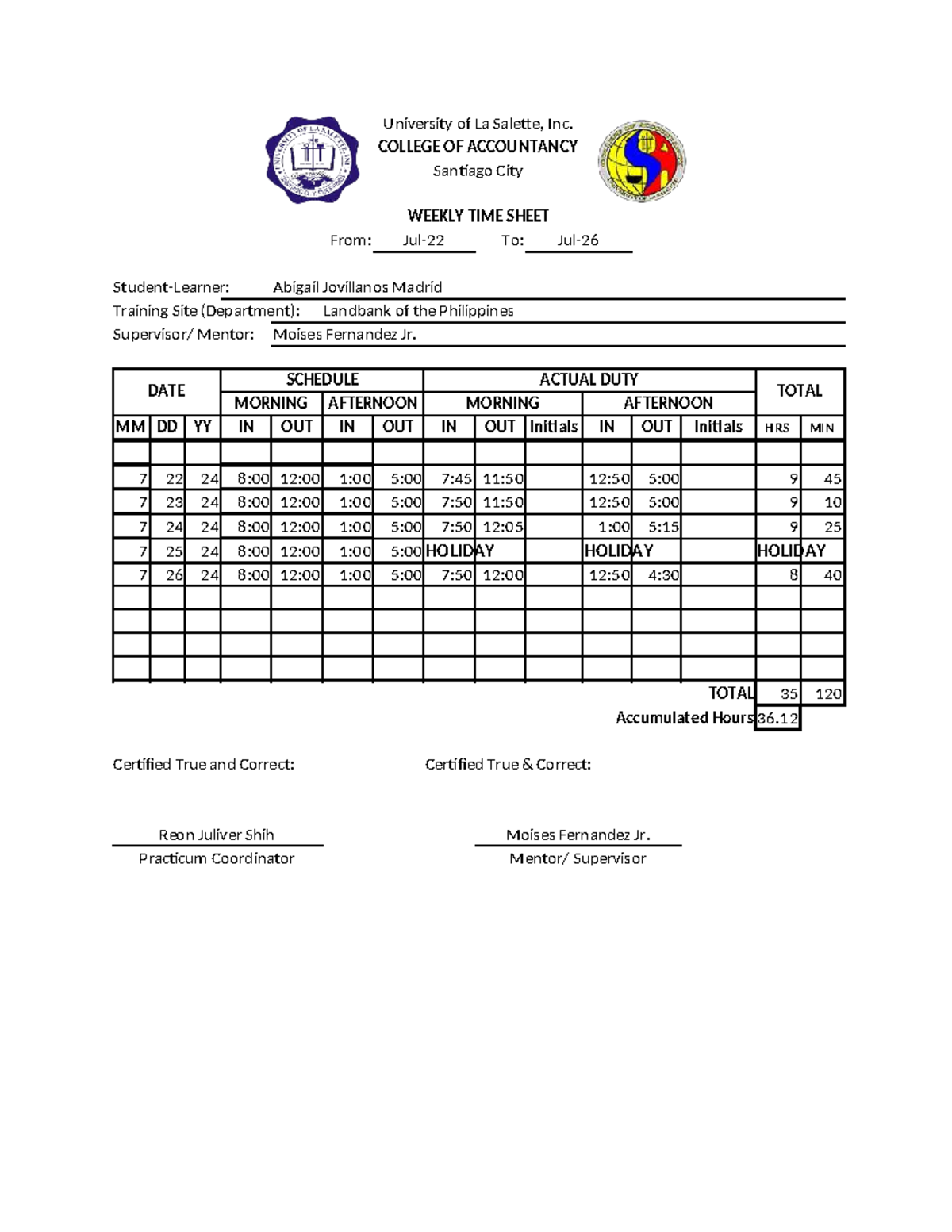 Weekly Time Sheet & Report: Practicum at Landbank (ACCT 101) - Studocu