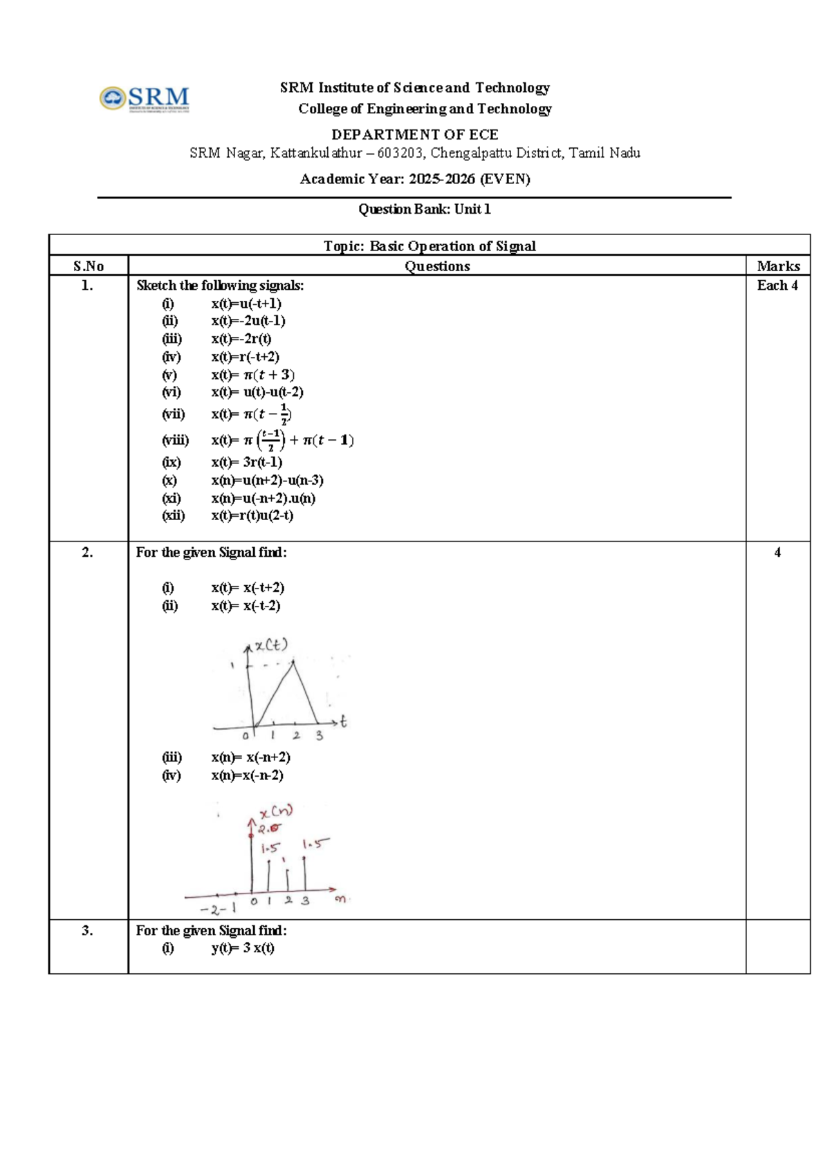 Question Bank: Unit 1 - Basic Operations of Signals (ECE) - Studocu