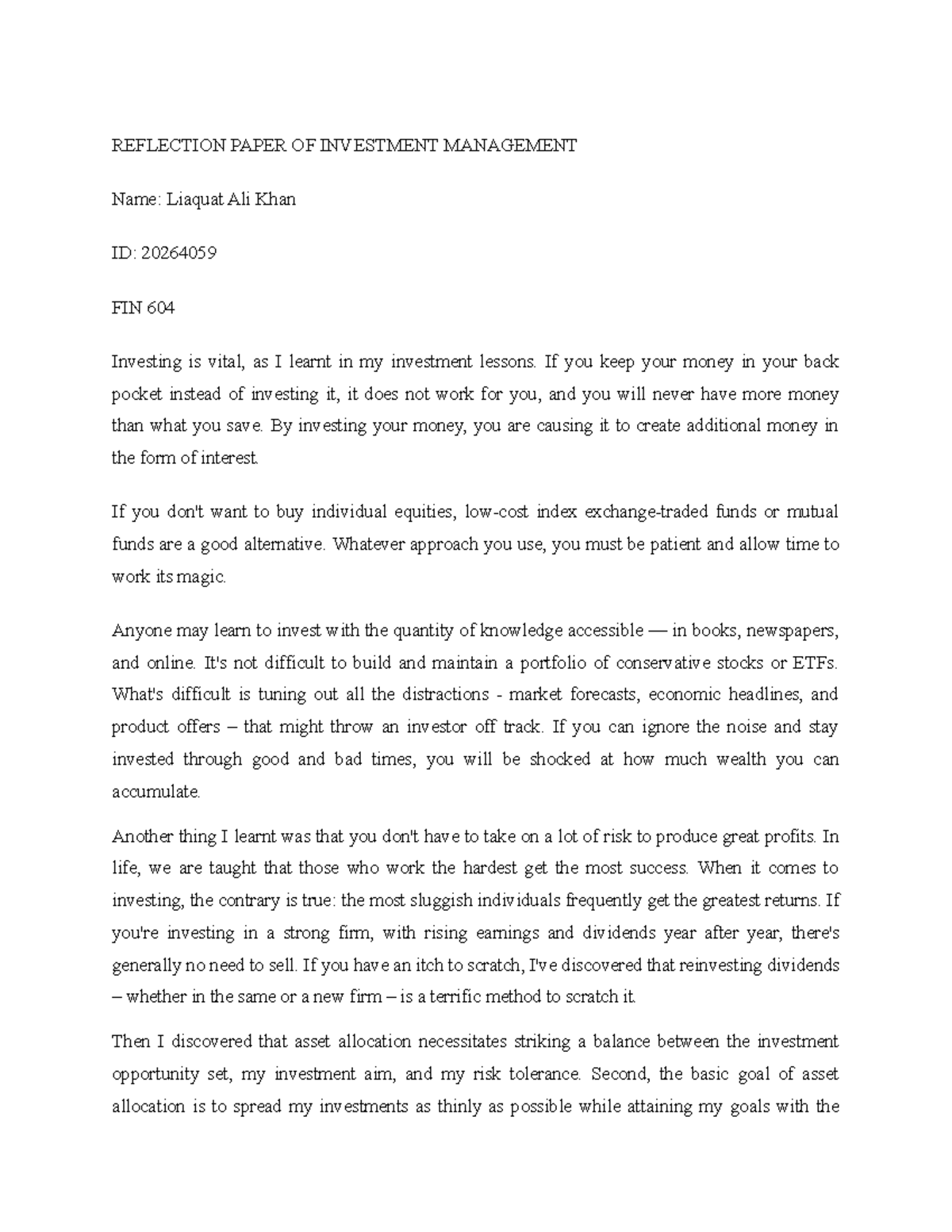 Reflection Paper on Investment Management - FIN 604 - Studocu