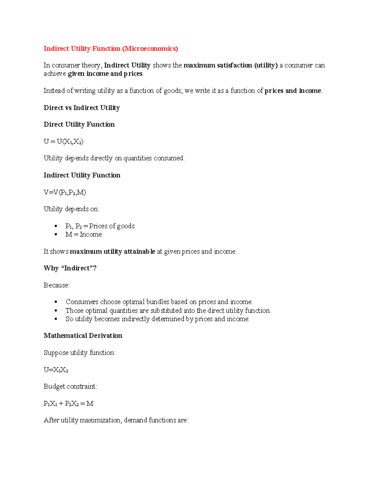 Indirect Utility Function Overview (Microeconomics) - Studocu