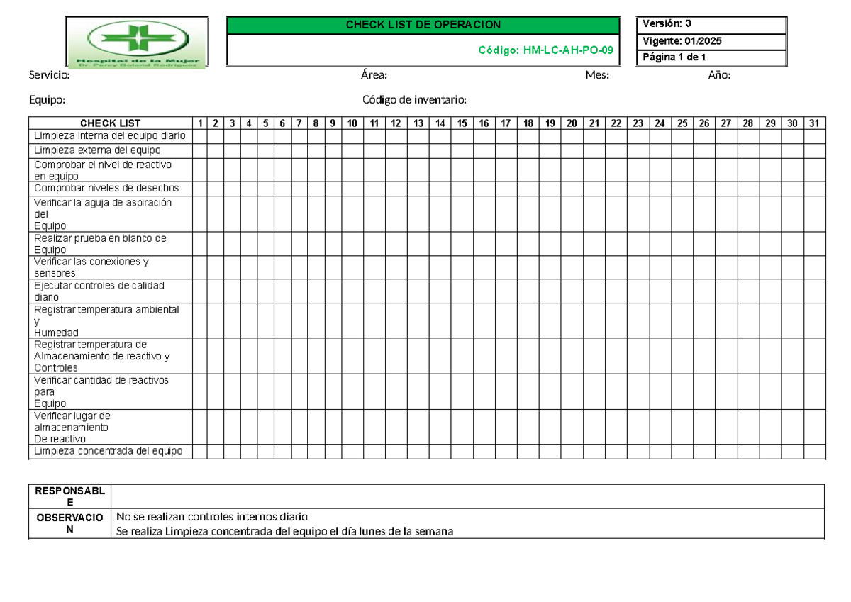 Check List de Operación: Mantenimiento Diario del Equipo - Studocu